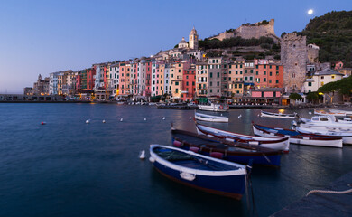 View of Portovenere small colorful town with Doria Castle on Ligurian coast of Italy. High quality photo