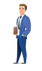 Successful businessman. Cheerful persons in standing pose. Man in business suit and tie. Cartoon comic style flat design. Separate character. Illustration isolated on white background. Vector