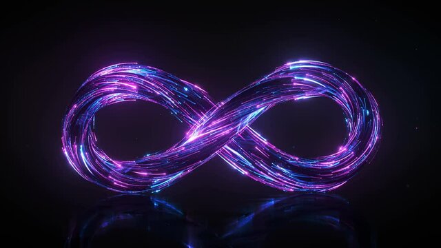 Neon infinity sign. 3D render seamless loop animation
