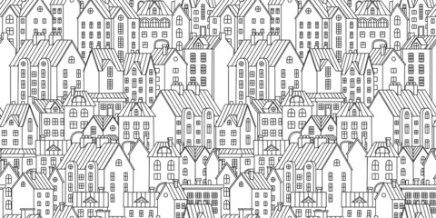 Vector seamless background with townhouses. Hand-drawn houses in black and white. Stock vector illustration.
