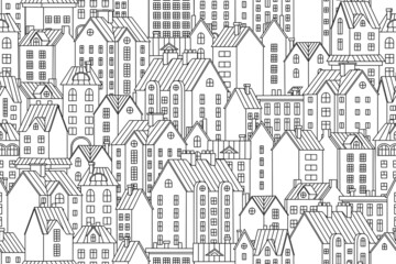 Vector seamless background with townhouses. Hand-drawn houses in one color. Stock vector background.