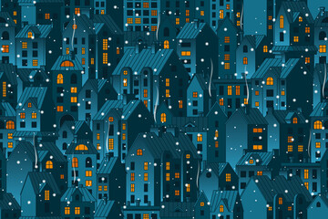 Vector seamless winter background with night town and falling snow. Hand-drawn townhouses with chimney smoke. Stock vector background.