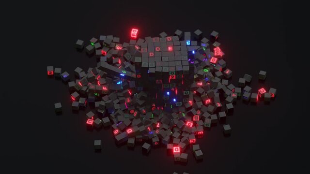 Digital Technology cube shattering and glitching. Data failure metaphor. 3D render animation