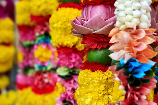 garland of marigold flower hanged in indian temple