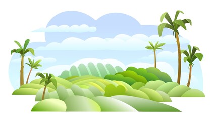 Pleasant countryside in the tropics. Vegetable garden hills and meadows. Palm trees and nice summer weather. Funny cartoon style. Isolated on white background. Green countryside landscape. Vector.