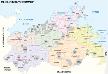 Administrative vector map of the state of Mecklenburg Western Pomerania, Germany - obrazy, fototapety, plakaty