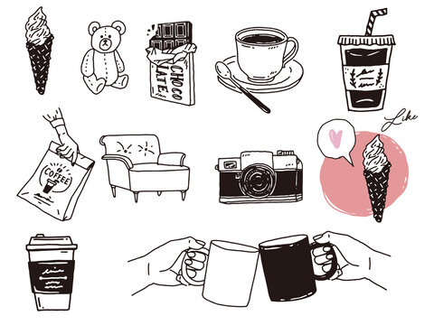 白黒 モノトーン 線画のイラスト 手書き カメラ カフェ チョコ インテリア コーヒー アイスクリーム Illustrations Of Black And White Monotone And Line Drawings Handwritten Camera Chocolate Coffee Ice Cream Stock Vector Adobe Stock