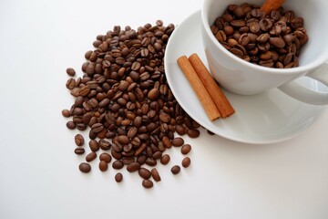 Coffee beans, Cinnamons and cup and saucer on white background. Cafe, Coffee, restaurant design elements. 