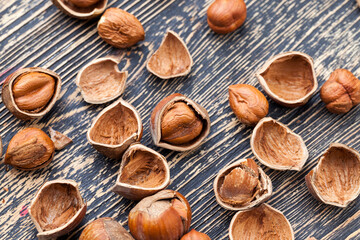 split hazelnuts on the table