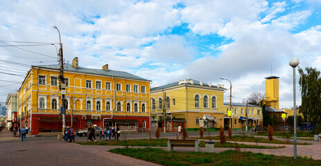 View of residential buildings and shops in central streets of Russian city Ryazan.