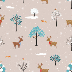 Cute animals on winter forest seamless pattern for Christmas or new year decorative