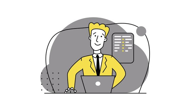Concept of script coding, programming. A programming language. Programmer working on web development on the laptop. Software developers. 2d flat cartoon animation. Moving. Workplace of the programmer.
