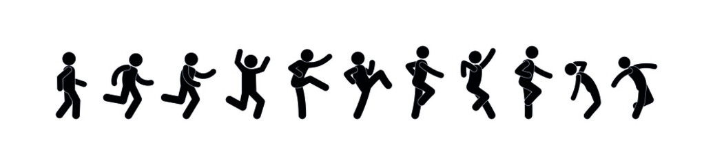dancing people go forward, stick figure icon man, goes dancing, isolated pictogram