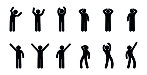 people waving their hands, various gestures, icon person gesturing, human silhouette stands, stick figure pictogram