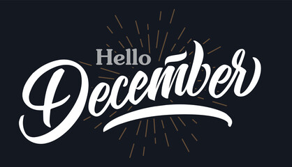 December Sale typography poster graphic design. Handwritten hello December text, greeting card social media post template with lettering, brush stroke curve. Illustration, dark backgrounde © Станислав Орлов