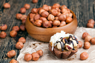 chocolate cake with nougat and roasted hazelnuts