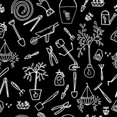 Vector seamless pattern with garden tools. Hand drawn vector illustration.