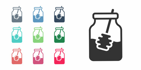 Black Jar of honey and honey dipper stick icon isolated on white background. Food bank. Sweet natural food symbol. Honey ladle. Set icons colorful. Vector