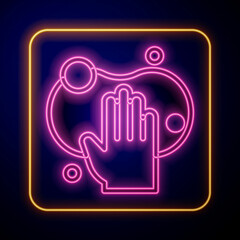 Glowing neon Sponge icon isolated on black background. Wisp of bast for washing dishes. Cleaning service logo. Vector