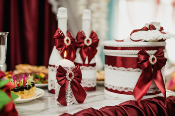 beautifully set table at a wedding banquet with delicious food and alcohol