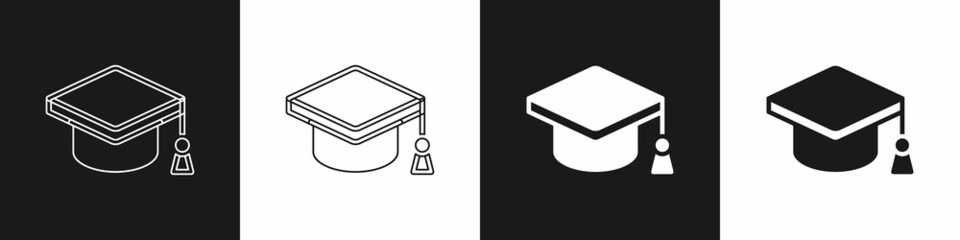 Set Graduation cap icon isolated on black and white background. Graduation hat with tassel icon. Vector
