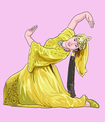 Drawing Uzbekistan dance,  traditional dance of each country, art.illustration, vector