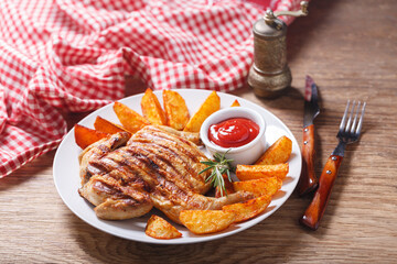 plate of grilled chicken with potatoes