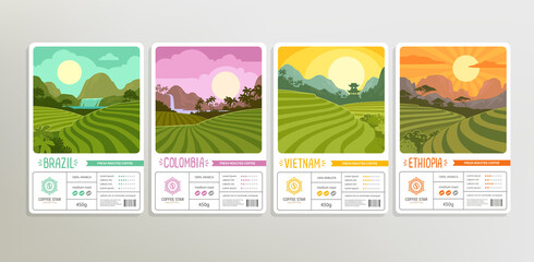 Coffee Star brand identity set of logo and sticker or label design with plantations and fields landscapes - vector template. Coffee or tea rainforest and mountain valley with sunrise
