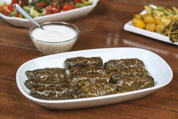 Dolma(tolma, sarma) - stuffed grape leaves with rice and meat. Armenian ,georgian or greek dolmades .Traditional Caucasian, Ottoman, Turkish and Greek cuisine..