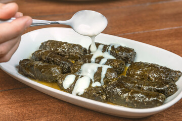 Dolma(tolma, sarma) - stuffed grape leaves with rice and meat. Armenian ,georgian or greek dolmades .Traditional Caucasian, Ottoman, Turkish and Greek cuisine..