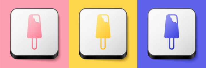 Isometric Ice cream icon isolated on pink, yellow and blue background. Sweet symbol. Square button. Vector