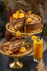 Still life of rustic chocolate cake