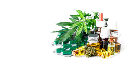 Green leaves of medicinal cannabis with extract oil.Medical marijuana flower buds. Hemp buds - medical marijuana concept.isolated on white