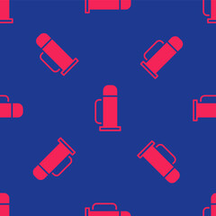 Red Thermos container icon isolated seamless pattern on blue background. Thermo flask icon. Camping and hiking equipment. Vector