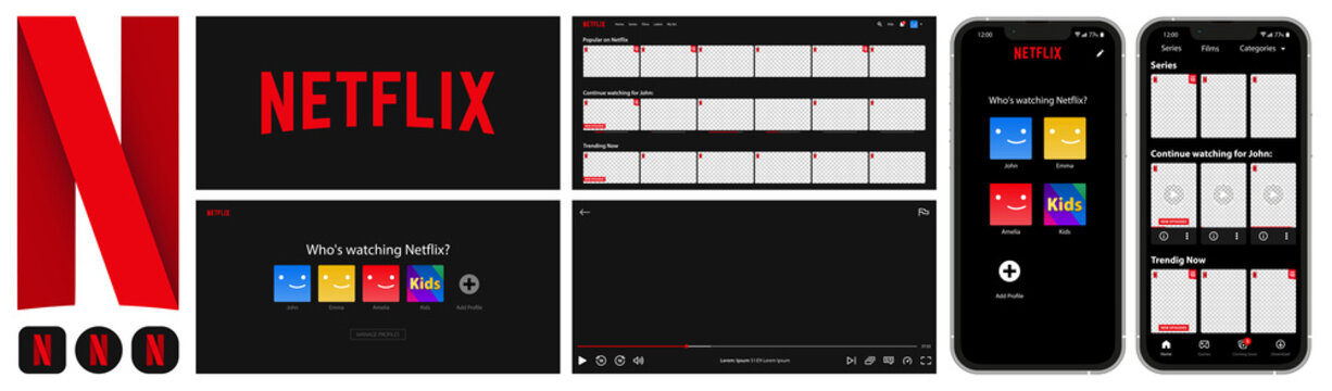 Netflix streaming service, Web page and phone page mockup template, Vector Editorial illustration