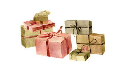 Different wrapped Christmas gift boxes made in watercolor technique. New Year holiday background aquarelle illustration. Zero-waste, eco-friendly packaging gifts in kraft paper, presents, concept