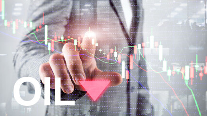 Oil trend down. Candle graph chart Oil barrels and a financial chart on abstract business background. Price oil down. Barrel arrow down