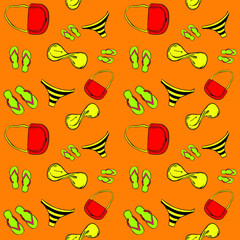 Swimsuit bag and flip-flops on a yellow background, seamless pattern, summer texture for design, vector illustration
