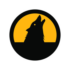 Howling wolf, black and yellow colors, round sign for design on a white background, vector illustration