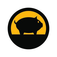 Live pig, black and yellow colors, round sign for design on a white background, vector illustration