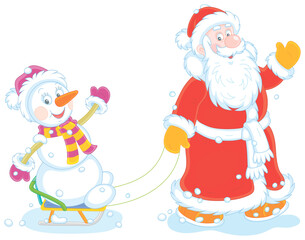 Santa Claus friendly smiling, waving his hand in greeting and sledding a happy toy snowman, vector cartoon illustration isolated on a white background