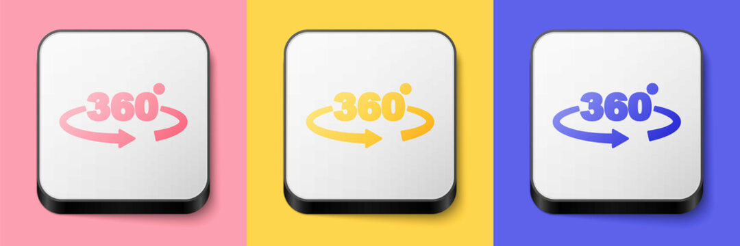 Isometric 360 degree view icon isolated on pink, yellow and blue background. Virtual reality. Angle 360 degree camera. Panorama photo. Square button. Vector
