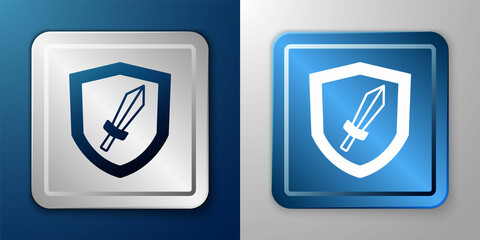 White Sword for game icon isolated on blue and grey background. Silver and blue square button. Vector