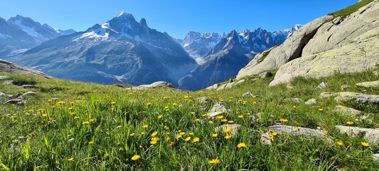 Mountain panorama on the way to Lac Blanc on a sunny summer morning, France