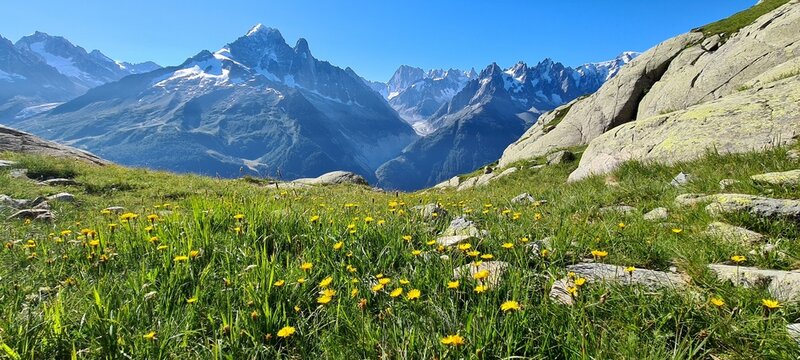 Mountain panorama on the way to Lac Blanc on a sunny summer morning, France