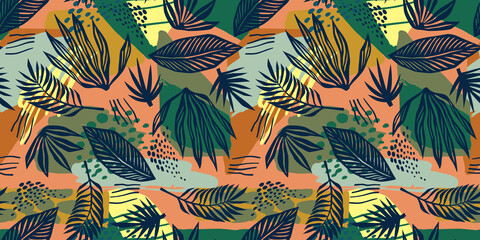 Abstract art seamless pattern with tropical leaves. Modern exotic design