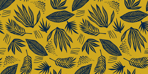 Abstract art seamless pattern with tropical leaves. Modern exotic design