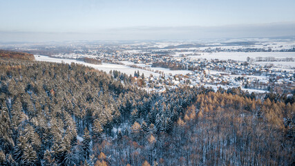 Blick über Wald im Winter aus Vogelperspektive