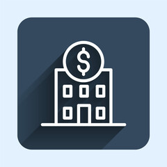 White line Bank building icon isolated with long shadow background. Blue square button. Vector