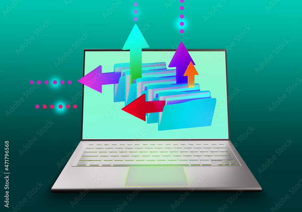 Poster data distribution concept. laptop with data distribution illustration on screen. packs of files with